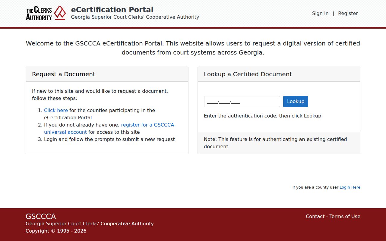 Chattahoochee County case search reference showing GSCCCA eCertification access