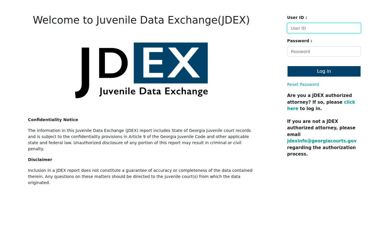 Chattahoochee County case search reference showing authorized JDEX login